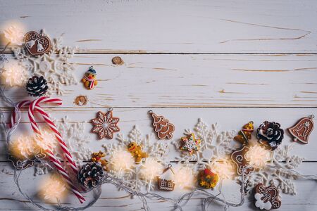 Christmas background and christmas decoration presents concept, top view with copy space.の写真素材