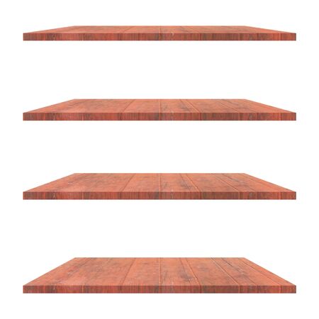 4 Wood shelves table isolated on white background and display montage for product.の写真素材