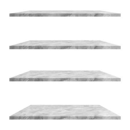 4 concrete shelves table isolated on white background and display montage for product.の写真素材