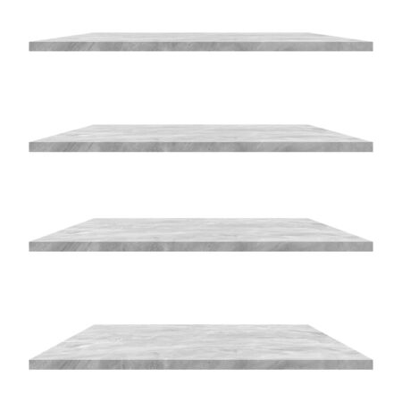 4 concrete shelves table isolated on white background and display montage for product.の写真素材