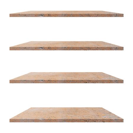 4 concrete shelves table isolated on white background and display montage for product.の写真素材