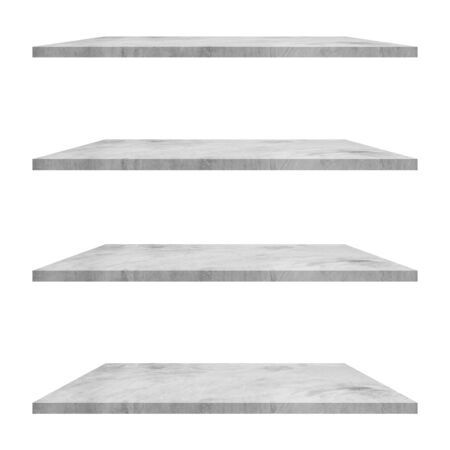 4 concrete shelves table isolated on white background and display montage for product.の写真素材