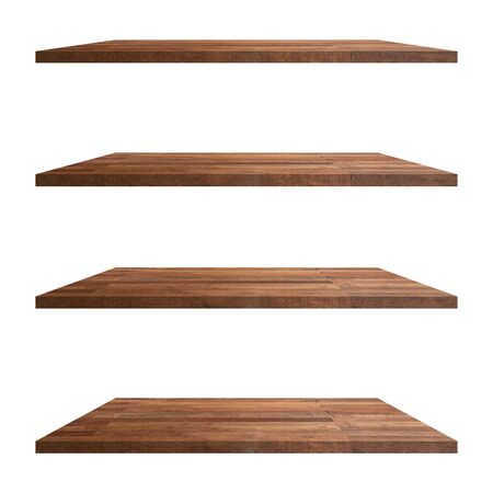 4 Wood shelves table isolated on white background and display montage for product.の写真素材