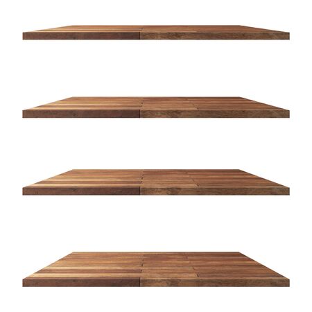 4 Wood shelves table isolated on white background and display montage for product.の写真素材