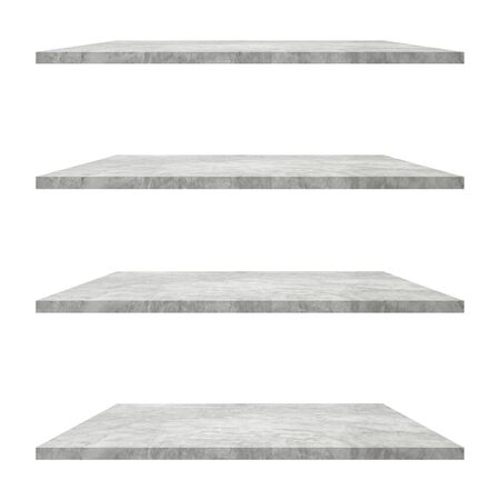4 concrete shelves table isolated on white background and display montage for product.の写真素材