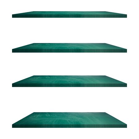 4 Wood green shelves table isolated on white background and display montage for product.の写真素材