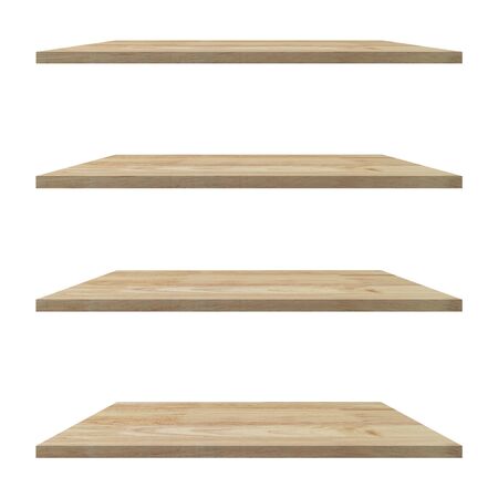 4 Wood shelves table isolated on white background and display montage for product.の写真素材