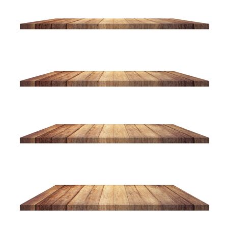 4 Wood shelves table isolated on white background and display montage for product.の写真素材