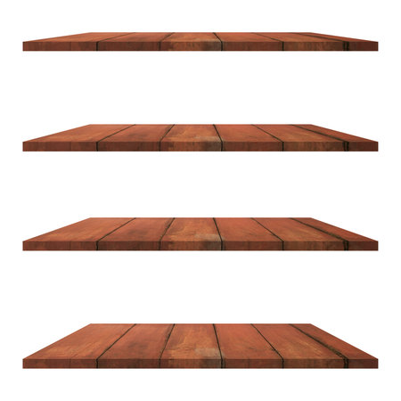 4 Wood shelves table isolated on white background and display montage for product.の写真素材