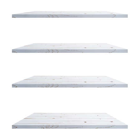4 Wood shelves white table isolated on white background and display montage for product.の写真素材