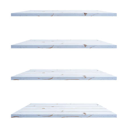 4 Wood shelves white table isolated on white background and display montage for product.の写真素材