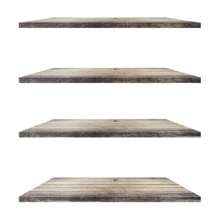 4 Wood shelves table isolated on white background and display montage for product.の写真素材