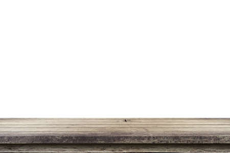 Empty wood table on isolate white background and display montage with copy space for product.の写真素材