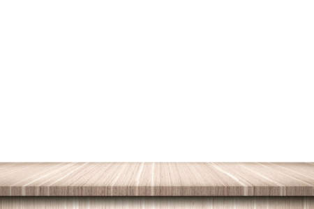 Empty wood table on isolate white background and display montage with copy space for product.の写真素材