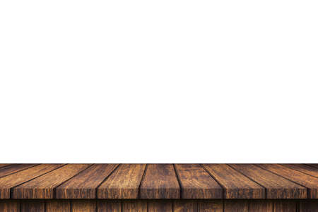 Empty wood table on isolate white background and display montage with copy space for product.の写真素材