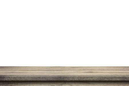 Empty wood table on isolate white background and display montage with copy space for product.の写真素材