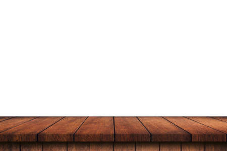 Empty wood table on isolate white background and display montage with copy space for product.の写真素材