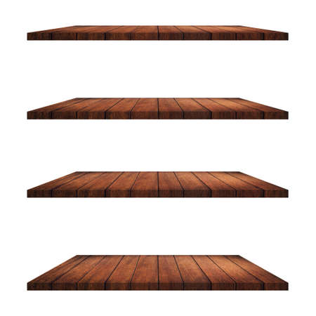 4 Wood shelves table isolated on white background and display montage for product.の写真素材