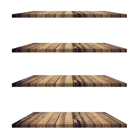 4 Wood shelves table isolated on white background and display montage for product.の写真素材