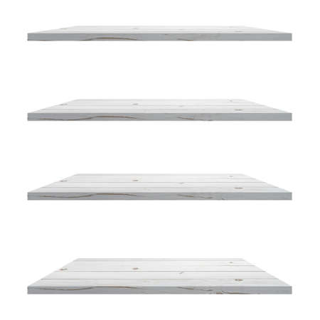 4 Wood shelves table isolated on white background and display montage for product.の写真素材