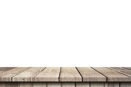 Empty wood table on isolate white background and display montage with copy space for product.の写真素材