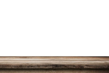 Empty wood table on isolate white background and display montage with copy space for product.の写真素材