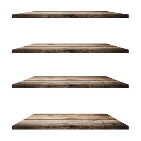 4 Wood shelves table isolated on white background and display montage for product.の写真素材