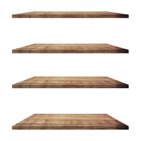 4 Wood shelves table isolated on white background and display montage for product.の写真素材