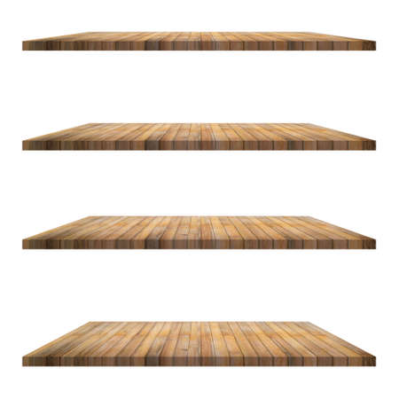 4 Wood shelves table isolated on white background and display montage for product.の写真素材