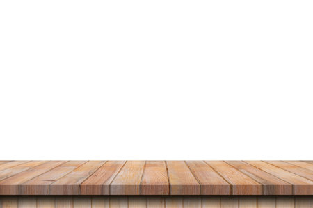 Empty wood table on isolate white background and display montage with copy space for product.の写真素材