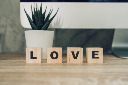 Text written LOVE wooden blocks, word love. Valentines day concept.の写真素材