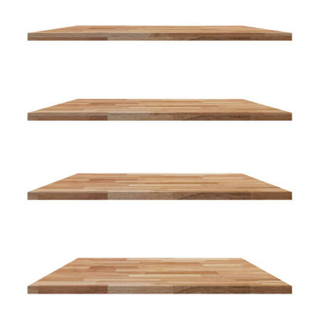 4 Wood shelves table isolated on white background and display montage for product.の写真素材