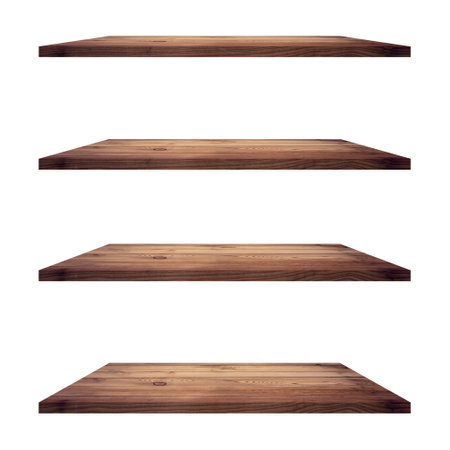 4 Wood shelves table isolated on white background and display montage for product.の写真素材