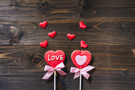 Valentines day heart shaped cookies on wooden table background with copy space.の写真素材
