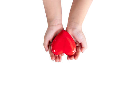 Hand holding decorative heart in hands on white backgroundの写真素材