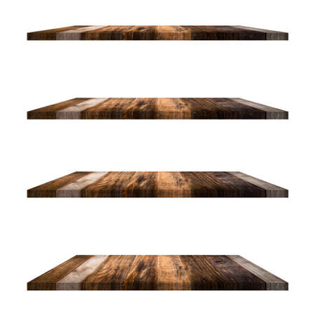 4 Wood shelves table isolated on whiteの写真素材