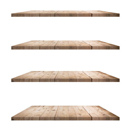 4 Wood shelves table isolated on whiteの写真素材