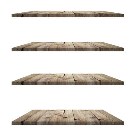 4 Wood shelves table isolated on white background and display montage for product.の写真素材