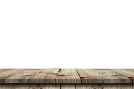 Empty wood table on isolate white background and display montage with copy space for product.の写真素材