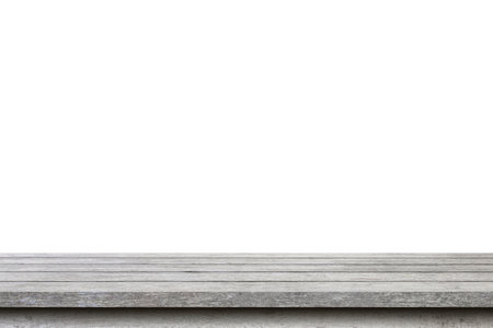 Empty wood table on isolate white background and display montage with copy space for product.の写真素材