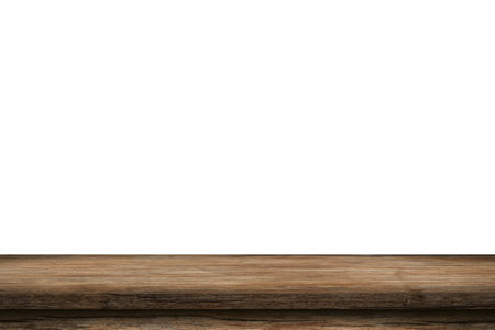 Empty wood table on isolate white background and display montage with copy space for product.の写真素材
