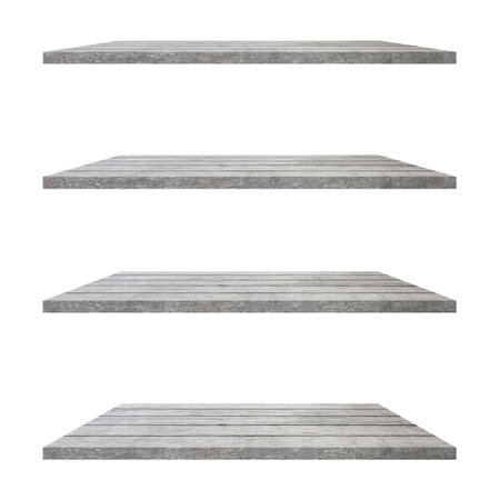 4 Wood shelves table isolated on white background and display montage for product.の写真素材