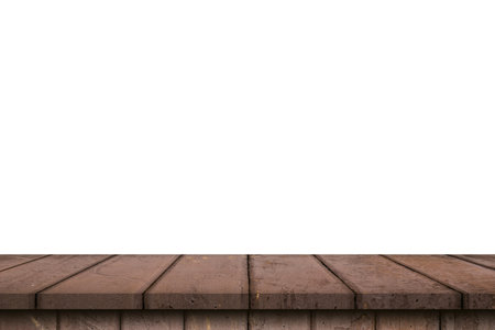 Empty wood table on isolate white background and display montage with copy space for product.の写真素材