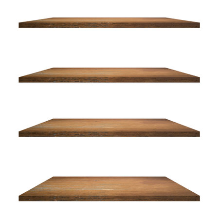 4 Wood shelves table isolated on white background and display montage for product.の写真素材