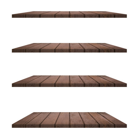 4 Wood shelves table isolated on white background and display montage for product.の写真素材