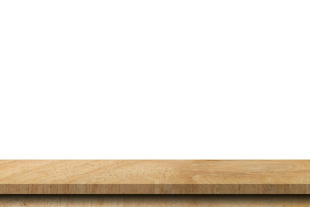 Empty wood table on isolate white background and display montage with copy space for product.の写真素材