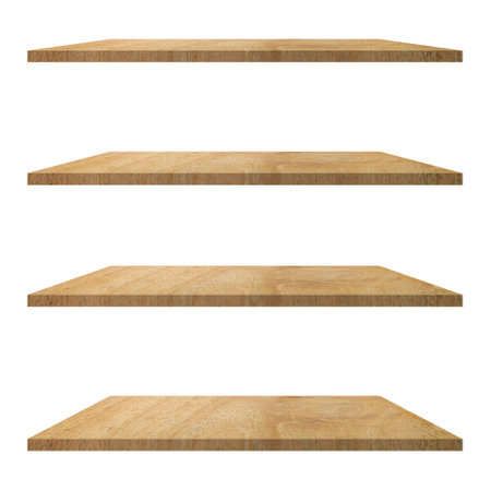 4 Wood shelves table isolated on white background and display montage for product.の写真素材