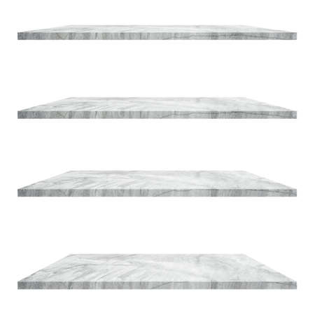 4 concrete shelves table isolated on white background and display montage for product.の写真素材
