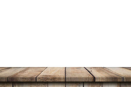 Empty wood table on isolate white background and display montage with copy space for product.の写真素材