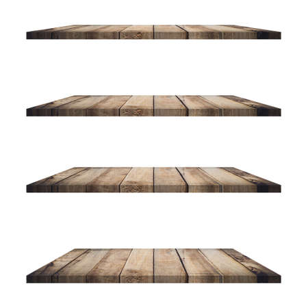4 Wood shelves table isolated on white background and display montage for product.の写真素材